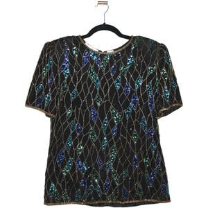 Laurence Kazar Vintage Beaded Silk Blouse Size Medium Blue Gold Black